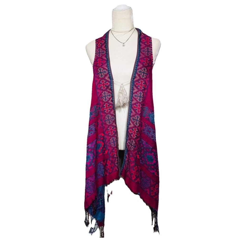 Women's Magenta Pink South western Fringe Shawl Geometric Wrap Boho Long Fringe - Picture 2 of 9